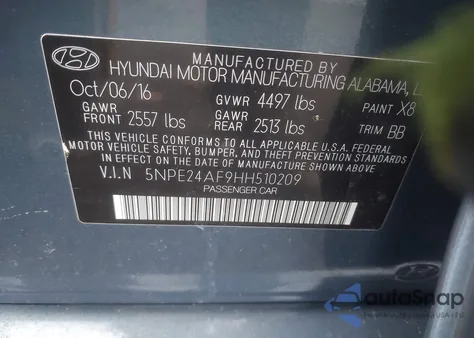 2017 Hyundai Sonata Se from USA, damaged, VIN 5NPE24AF9HH510209